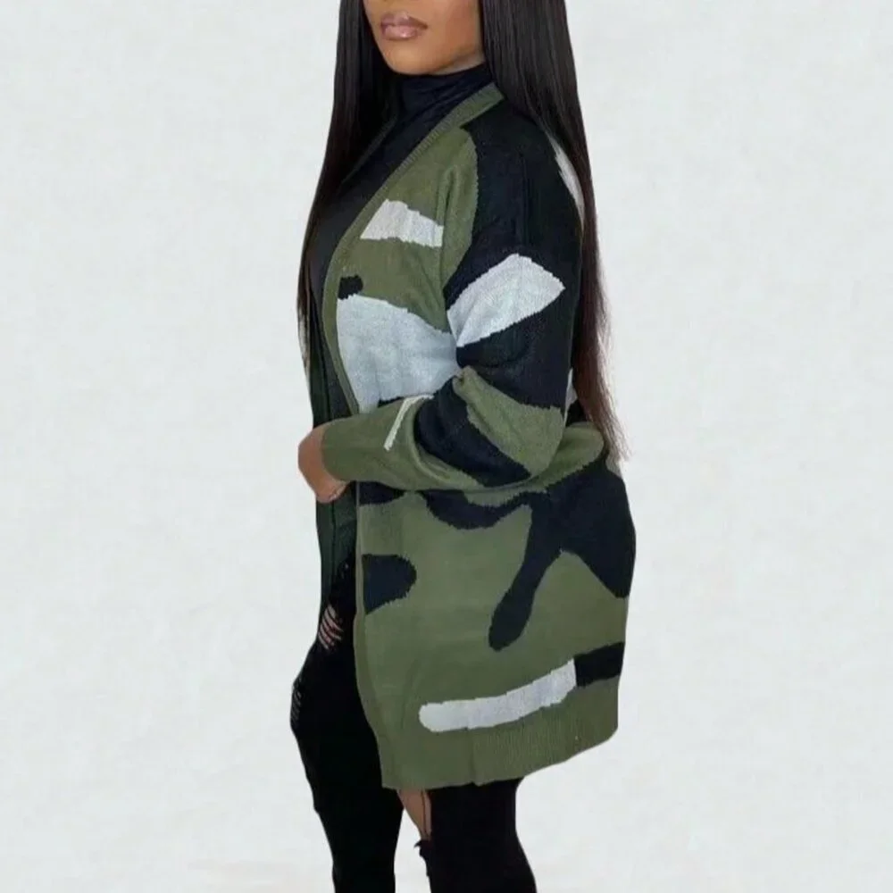 Army Green Casual Women's Camo Print Cardigan Sweater